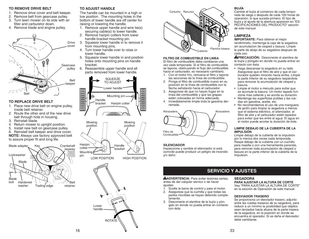 Husqvarna 917.37408 Servicio Y Ajustes, To Remove Drive Belt, To Replace Drive Belt, To Adjust Handle, Limpieza 