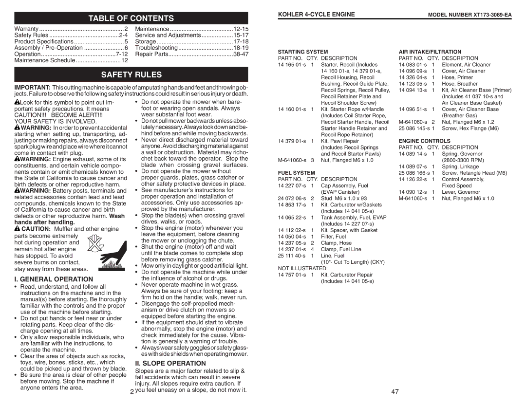 Husqvarna 917.37408 owner manual Table of Contents, Safety Rules 