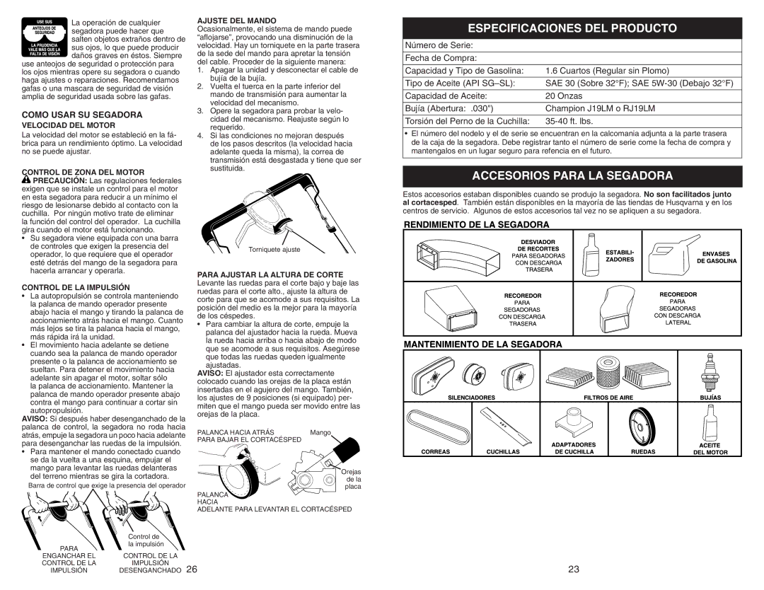 Husqvarna 917.37408 owner manual Especificaciones DEL Producto, Accesorios Para LA Segadora, Como Usar SU Segadora 