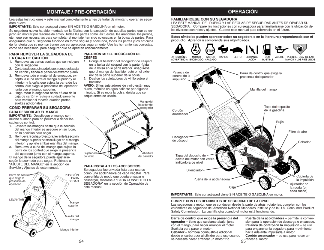 Husqvarna 917.37408 Montaje / PRE-OPERACIÓN, Operación, Familiaricese CON SU Segadora, Como Preparar SU Segadora 