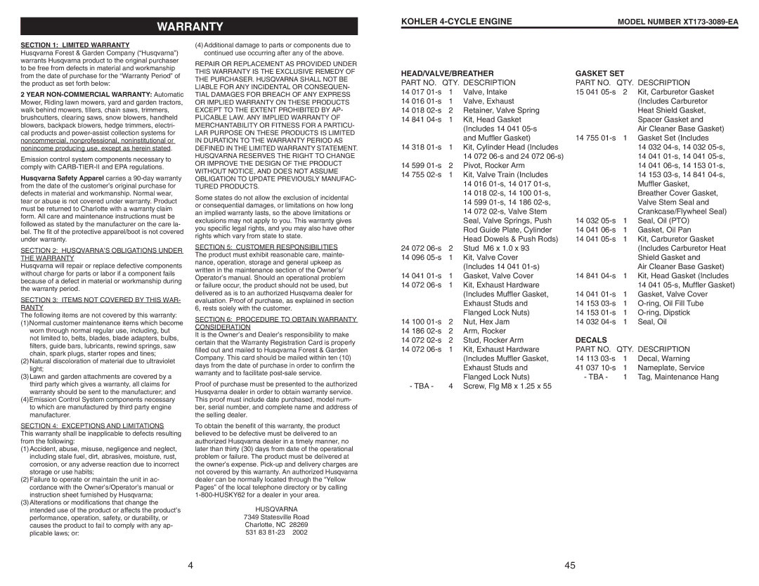 Husqvarna 917.37408 owner manual Warranty, HEAD/VALVE/BREATHER Gasket SET, Decals, 14 072 06-s Kit, Exhaust Hardware 