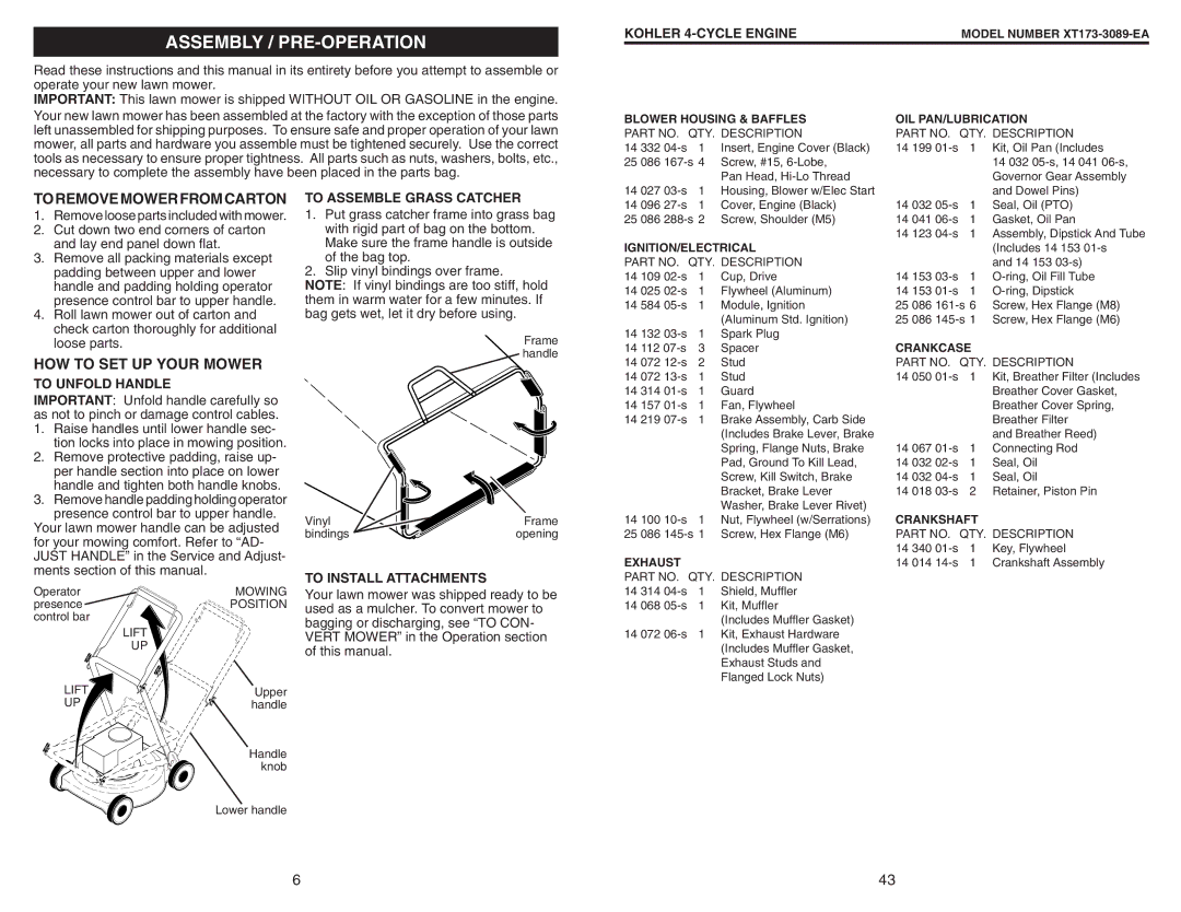 Husqvarna 917.37408 owner manual Assembly / PRE-OPERATION, Toremovemowerfromcarton, HOW to SET UP Your Mower 