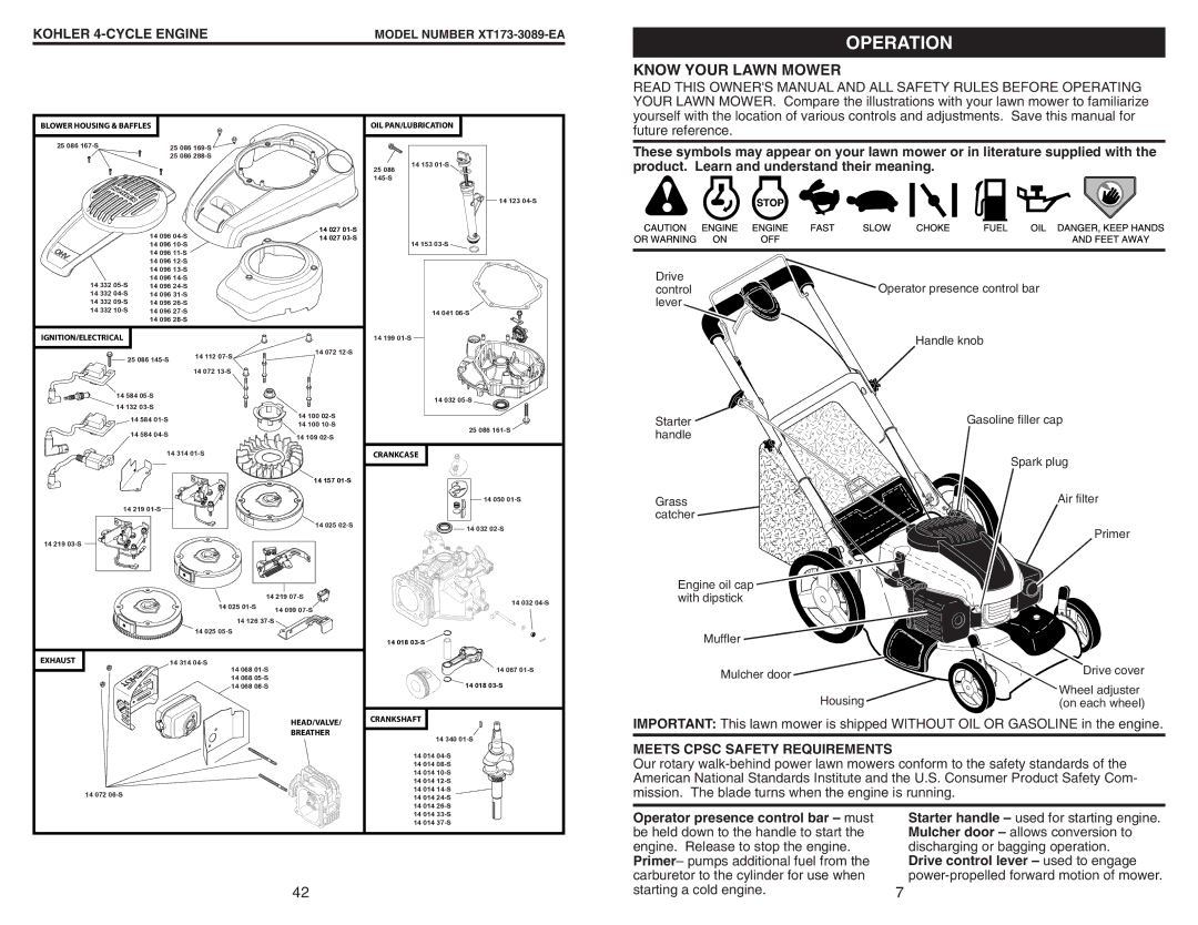 Husqvarna 917.37408 owner manual Operation, Know Your Lawn Mower, Meets Cpsc Safety Requirements 