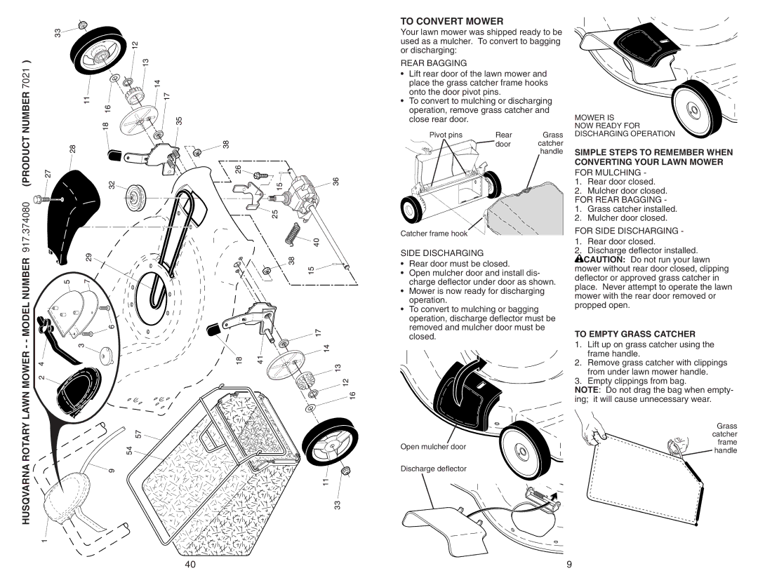 Husqvarna 917.37408 To Convert Mower, Simple Steps to Remember When Converting Your Lawn Mower, To Empty Grass Catcher 