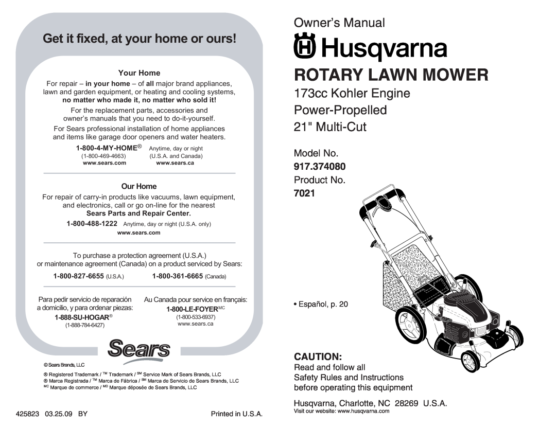 Husqvarna owner manual Rotary Lawn Mower, Get it fixed, at your home or ours, Model No, 917.374080, Product No, 7021 