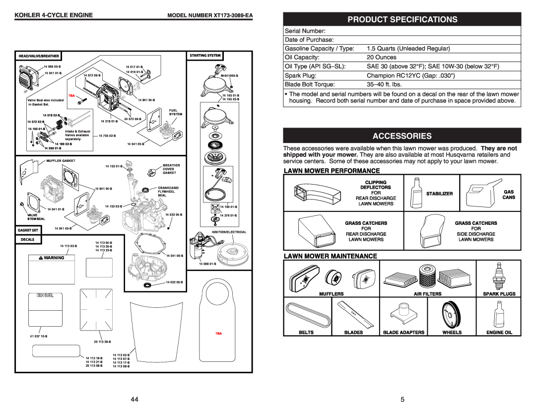 Husqvarna 917.37408 owner manual Product Specifications, Accessories, KOHLER 4-CYCLE ENGINE 