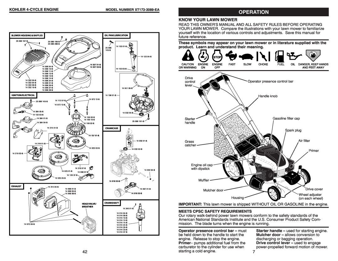 Husqvarna 917.37408 owner manual Operation, Know Your Lawn Mower, KOHLER 4-CYCLE ENGINE, Meets Cpsc Safety Requirements 