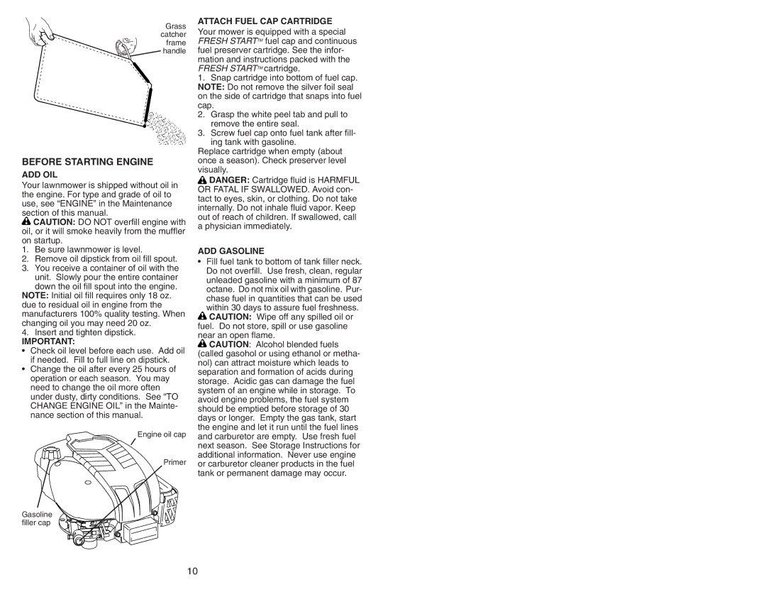 Husqvarna 917.374456 owner manual Before Starting Engine, Add Oil, Attach Fuel CAP Cartridge, ADD Gasoline 