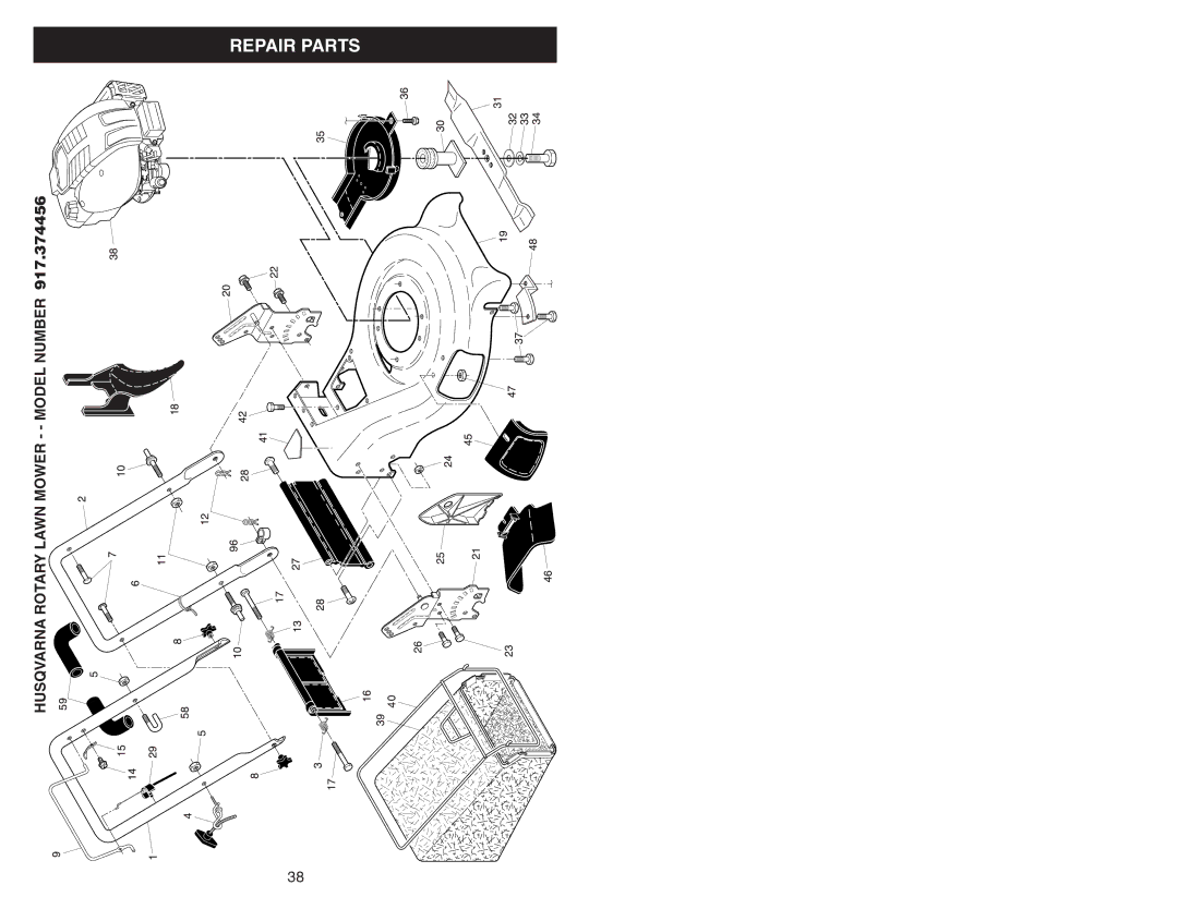 Husqvarna 917.374456 owner manual Repair Parts, Husqvarna Rotary Lawn Mower - Model Number 