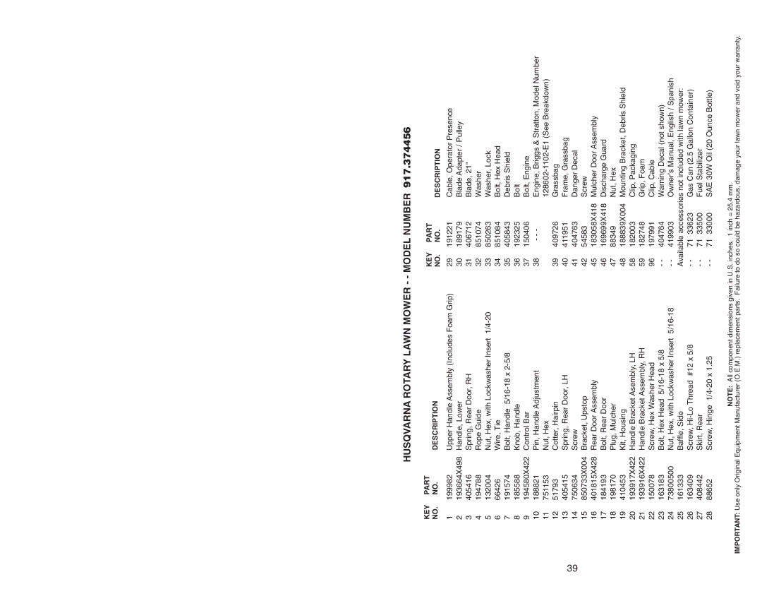 Husqvarna 917.374456 owner manual KEY Part Description 