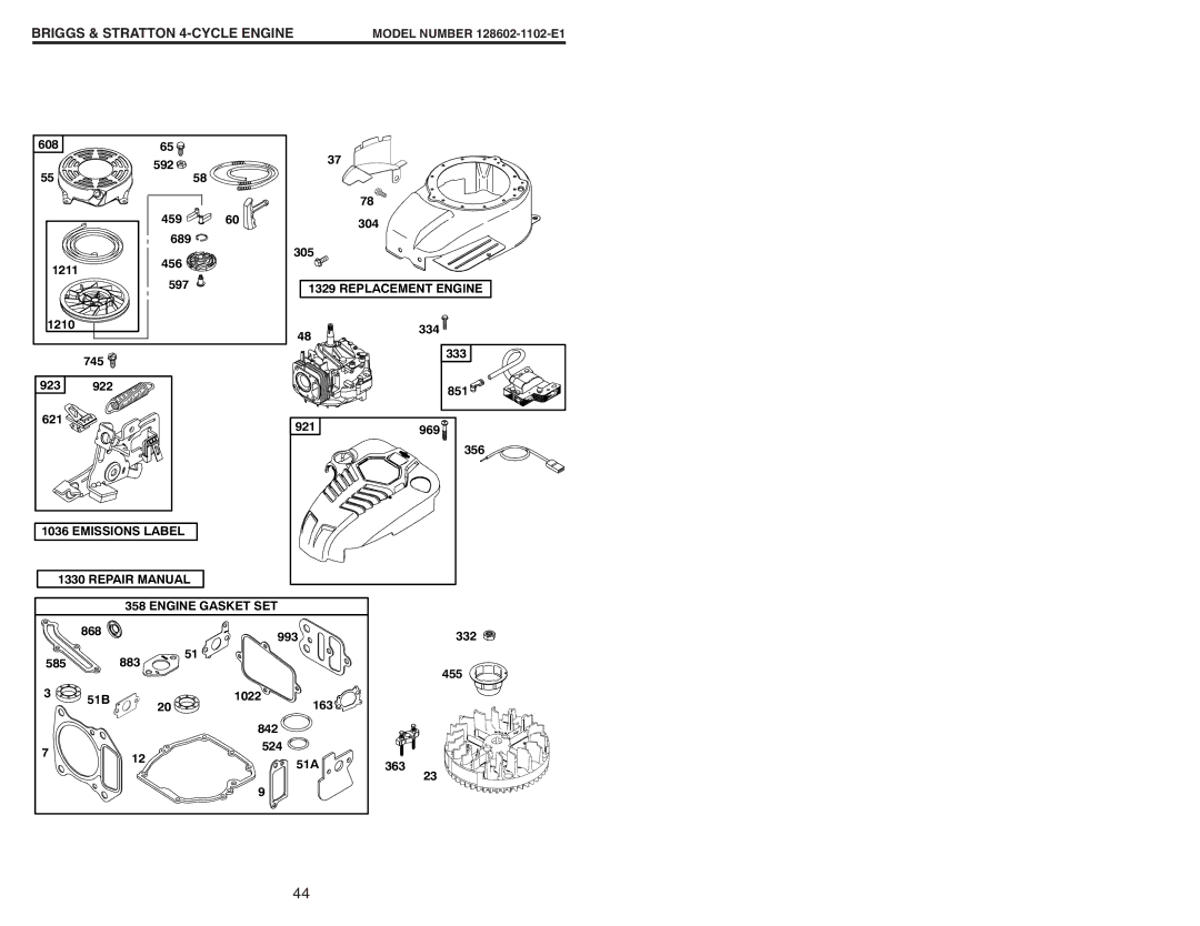 Husqvarna 917.374456 owner manual Replacement Engine 