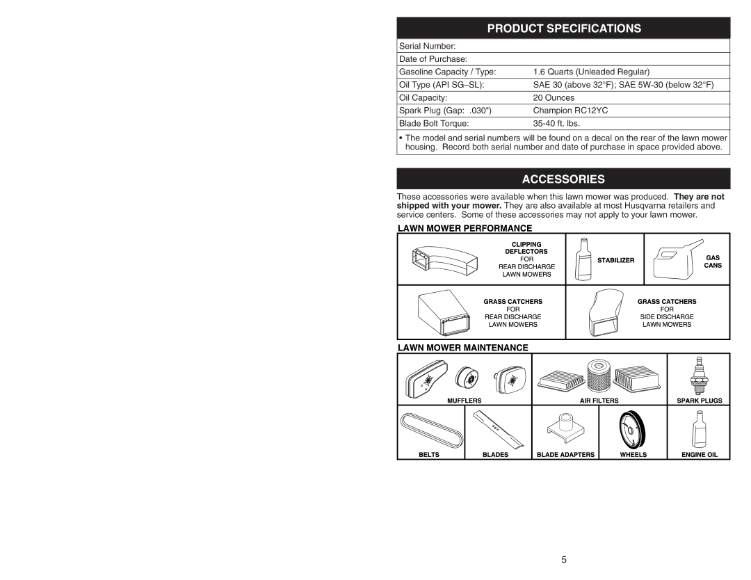 Husqvarna 917.374456 owner manual Product Specifications, Accessories 