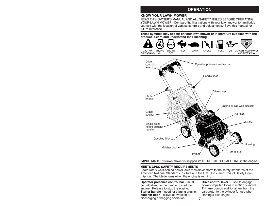 Husqvarna 917.374456 owner manual Operation, Know Your Lawn Mower, Meets Cpsc Safety Requirements 