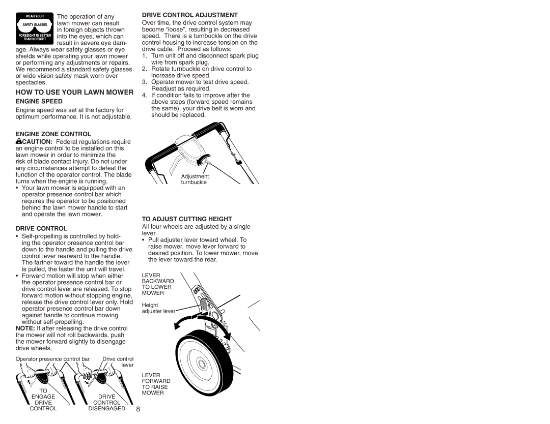 Husqvarna 917.374456 owner manual HOW to USE Your Lawn Mower, Engine Speed, Engine Zone Control, Drive Control Adjustment 