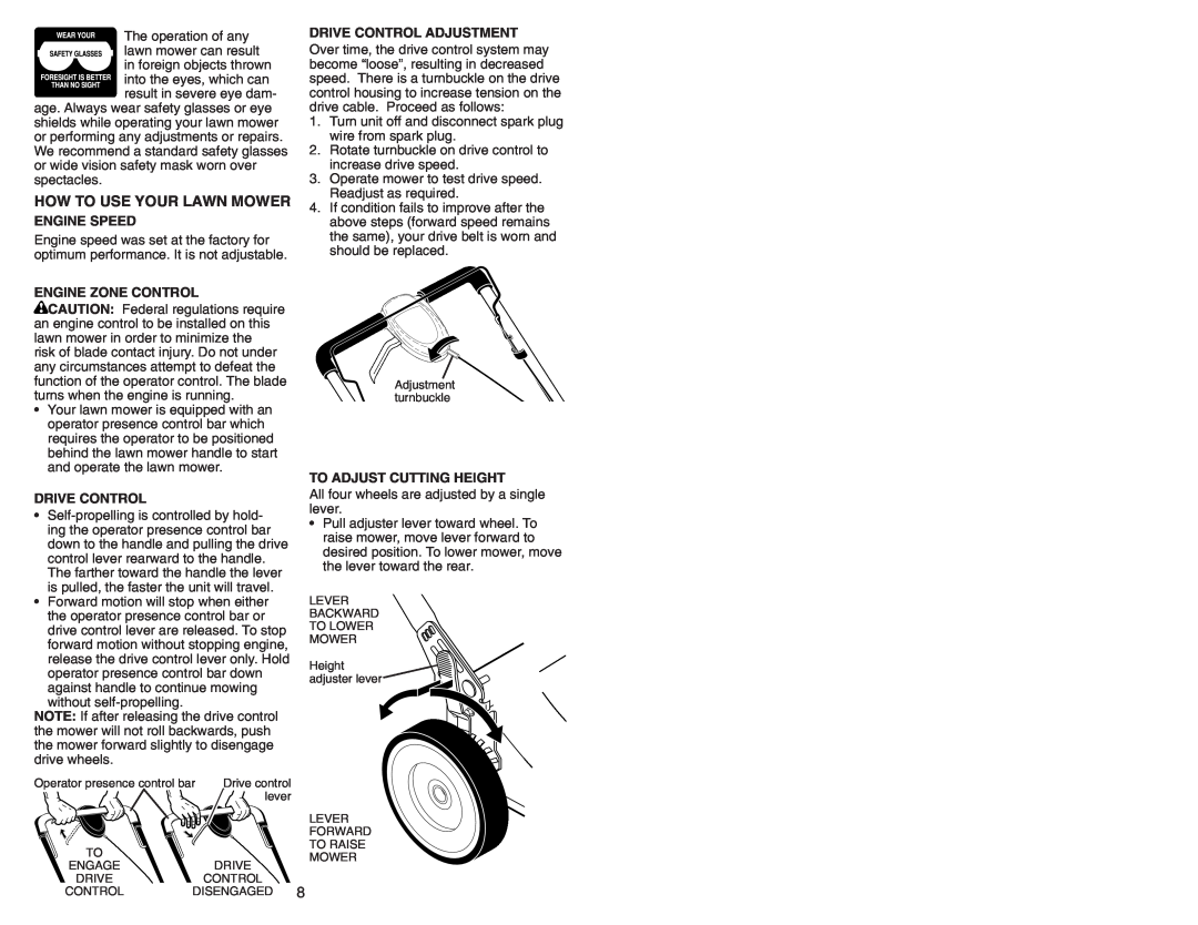 Husqvarna 917.374456 owner manual How To Use Your Lawn Mower, Engine Speed, Engine Zone Control, Drive Control Adjustment 