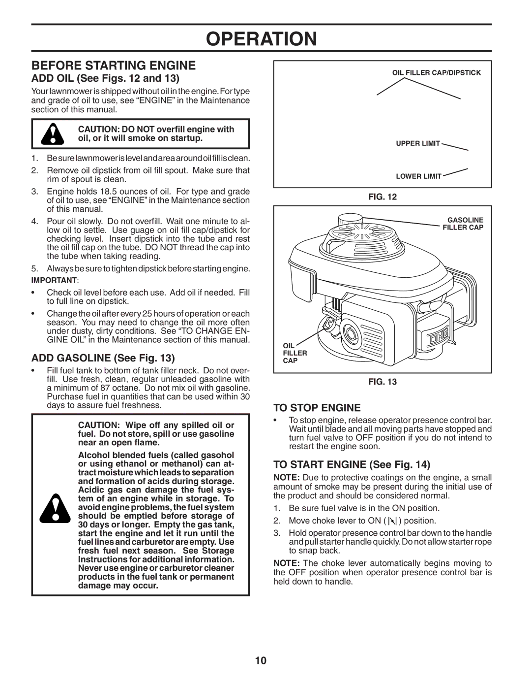 Husqvarna 917.374781 (65RSW21HVB) Before Starting Engine, ADD OIL See Figs, ADD Gasoline See Fig, To Stop Engine 