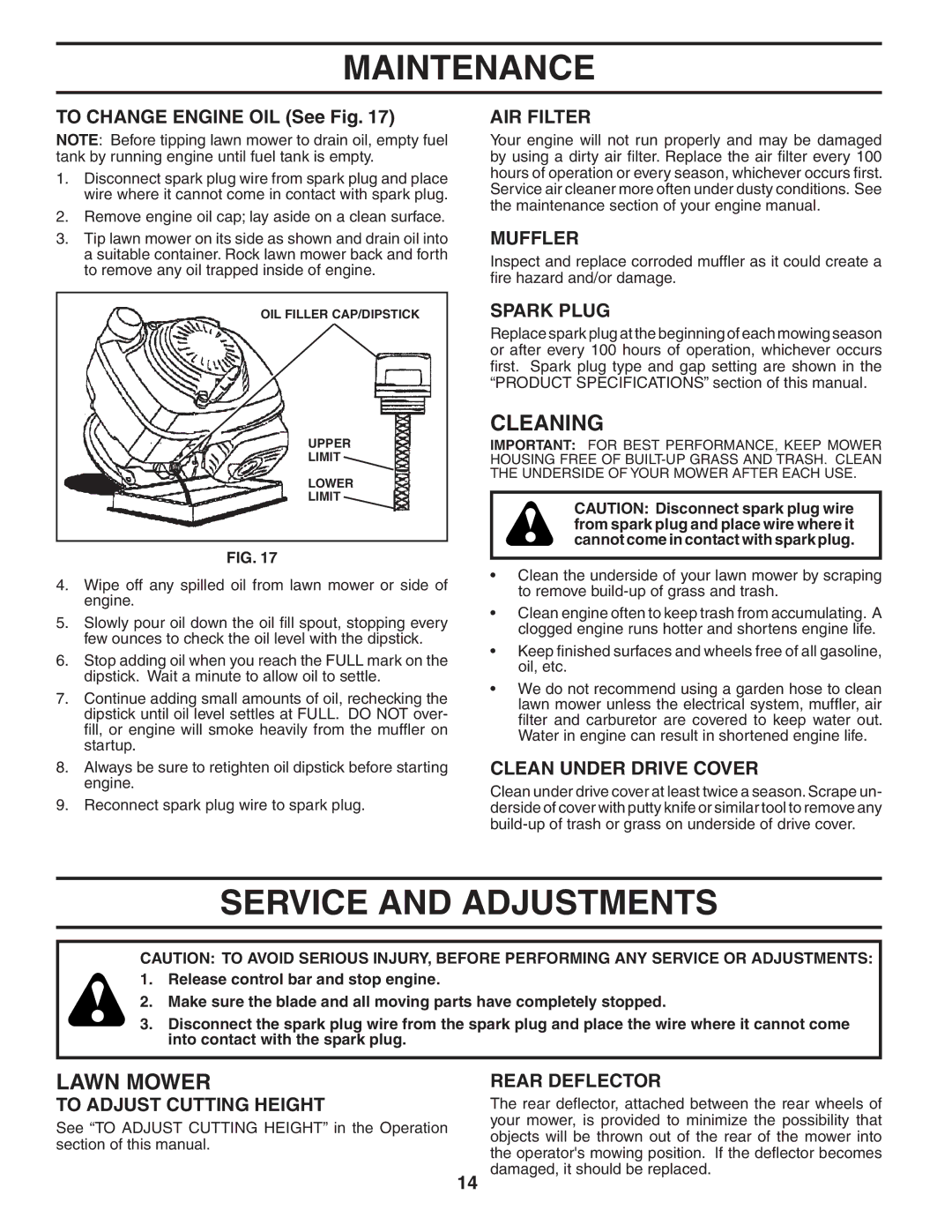 Husqvarna 917.374781 (65RSW21HVB) owner manual Service and Adjustments, Cleaning 