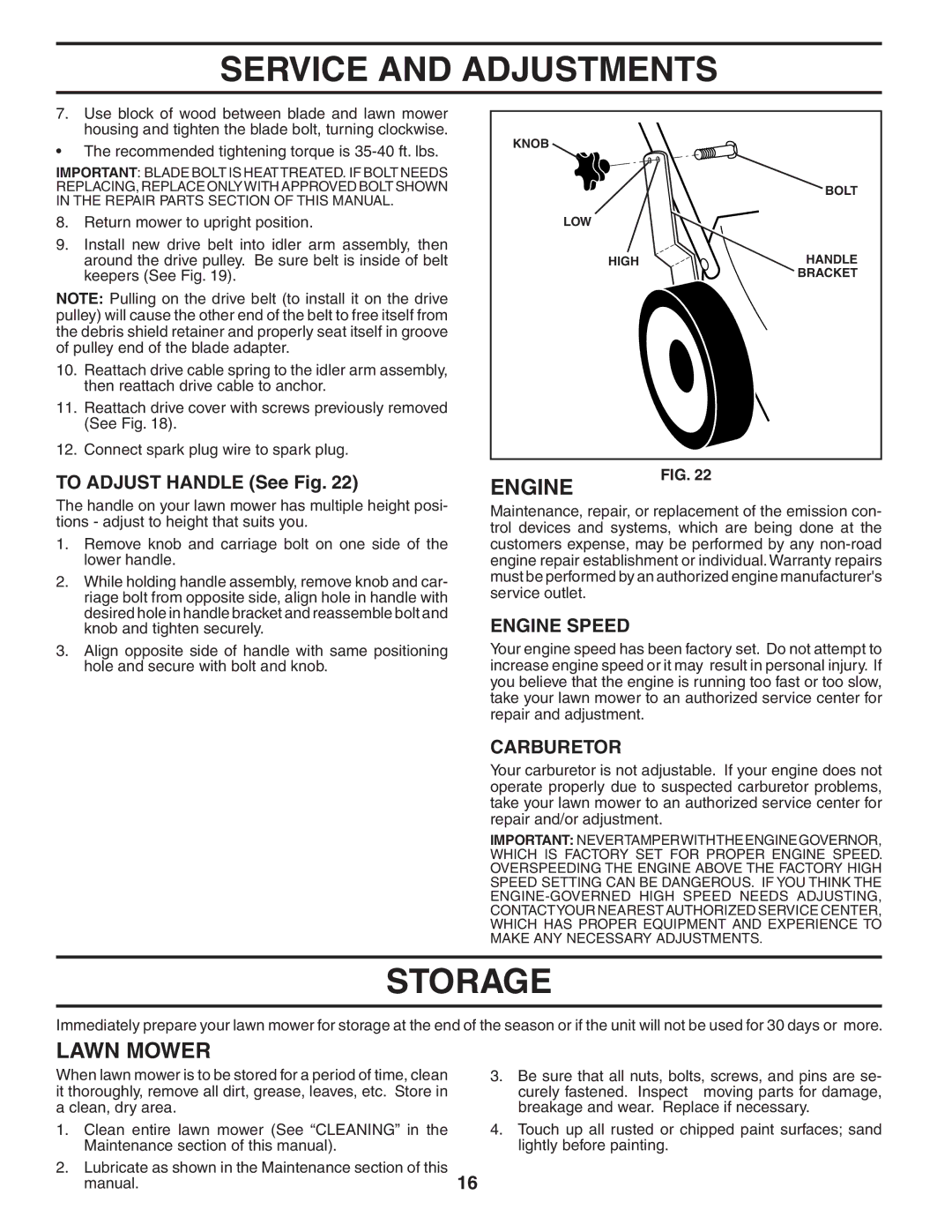 Husqvarna 917.374781 (65RSW21HVB) owner manual Storage, To Adjust Handle See Fig, Carburetor 