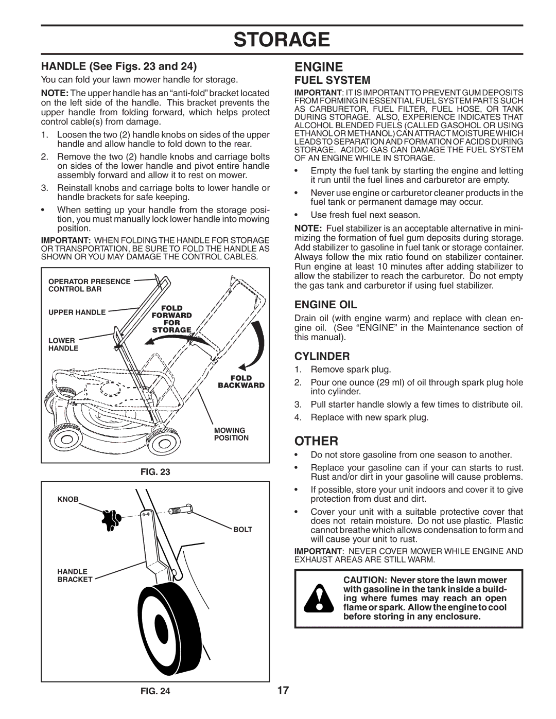 Husqvarna 917.374781 (65RSW21HVB) owner manual Other, Handle See Figs, Fuel System, Engine OIL, Cylinder 