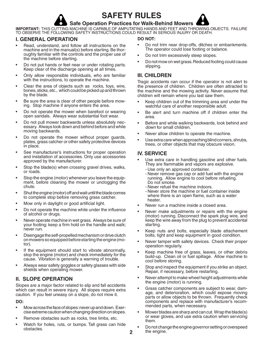 Husqvarna 917.374781 (65RSW21HVB) Safe Operation Practices for Walk-Behind Mowers, General Operation, II. Slope Operation 