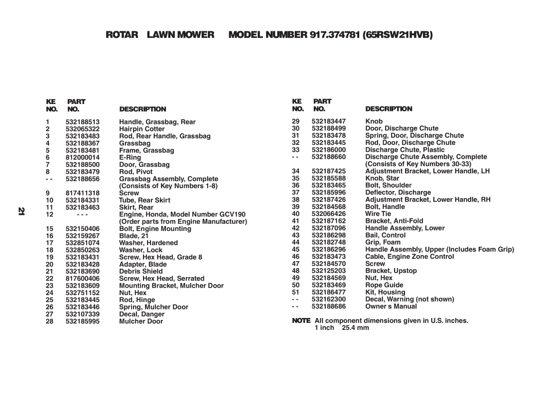 Husqvarna 917.374781 (65RSW21HVB) owner manual Rotary Lawn Mower - Model Number 917.374781 65RSW21HVB 