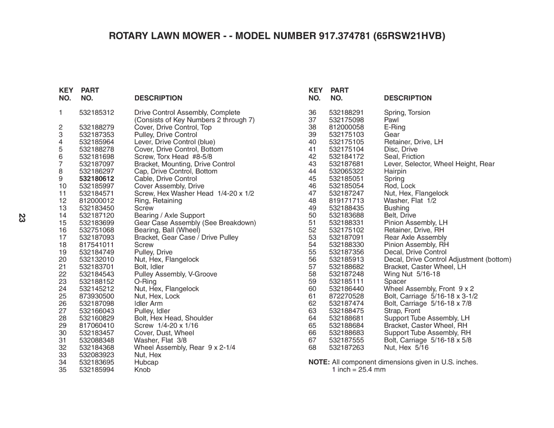 Husqvarna 917.374781 (65RSW21HVB) owner manual 532180612 