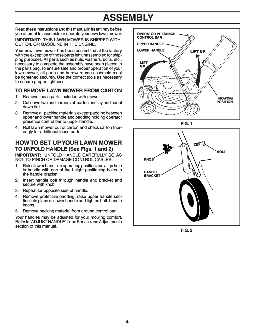 Husqvarna 917.374781 (65RSW21HVB) owner manual Assembly, How To Set Up Your Lawn Mower, To Remove Lawn Mower From Carton 