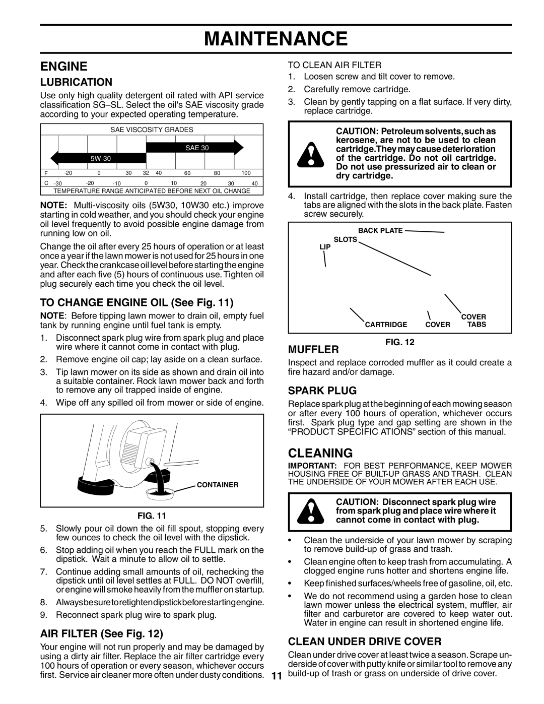 Husqvarna 917.37535 owner manual Engine, Cleaning, Muffler, Spark Plug, Clean Under Drive Cover 