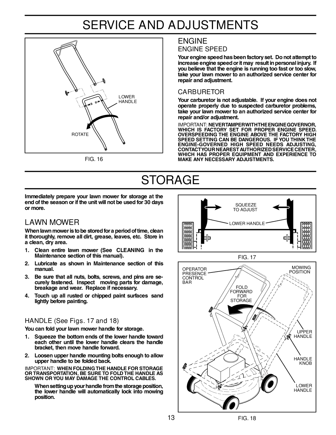 Husqvarna 917.37535 owner manual Storage, Carburetor, Handle See Figs 