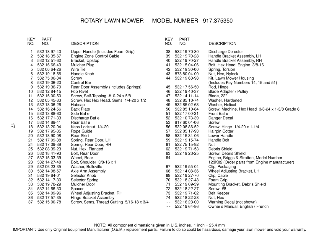 Husqvarna 917.37535 owner manual KEY Part Description 