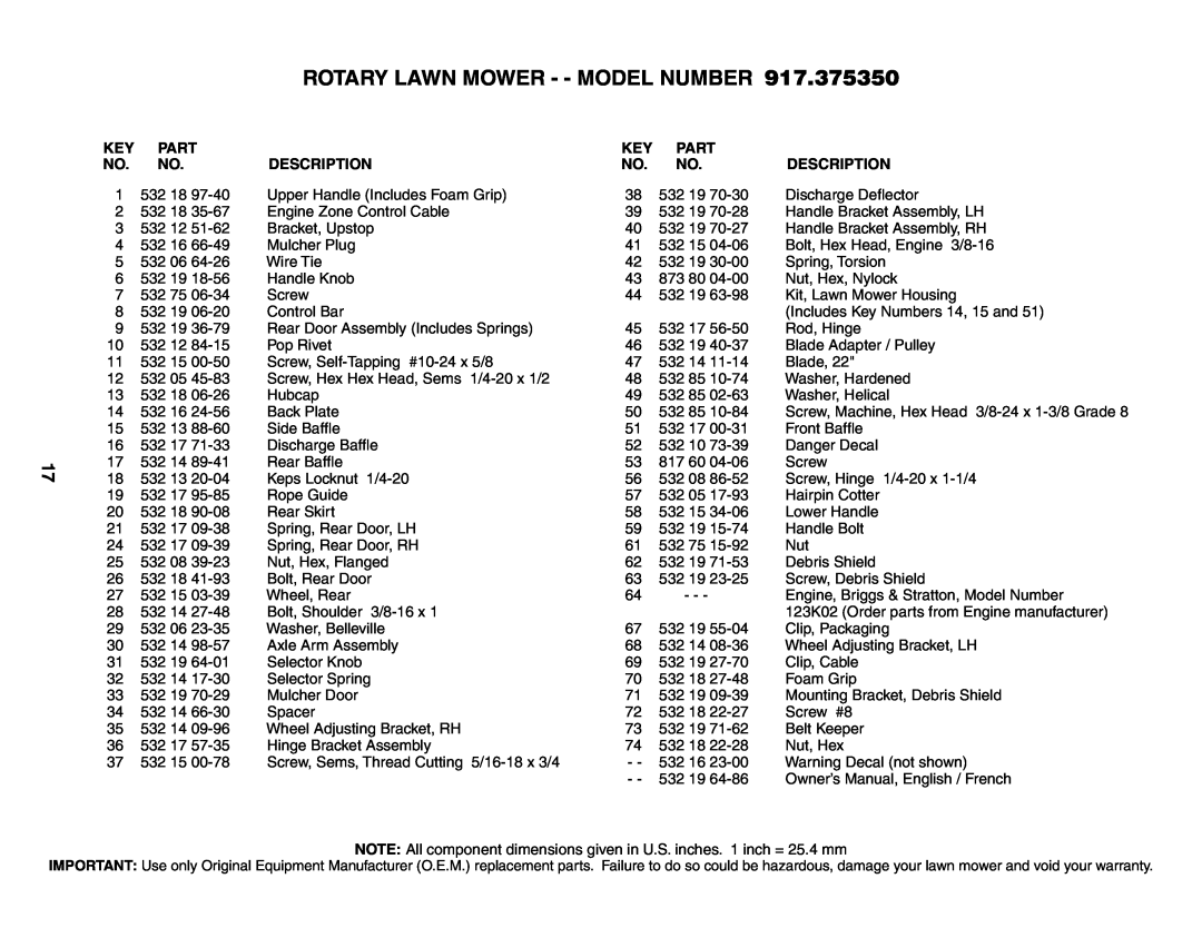 Husqvarna 917.37535 owner manual Part, Description, Rotary Lawn Mower - - Model Number 