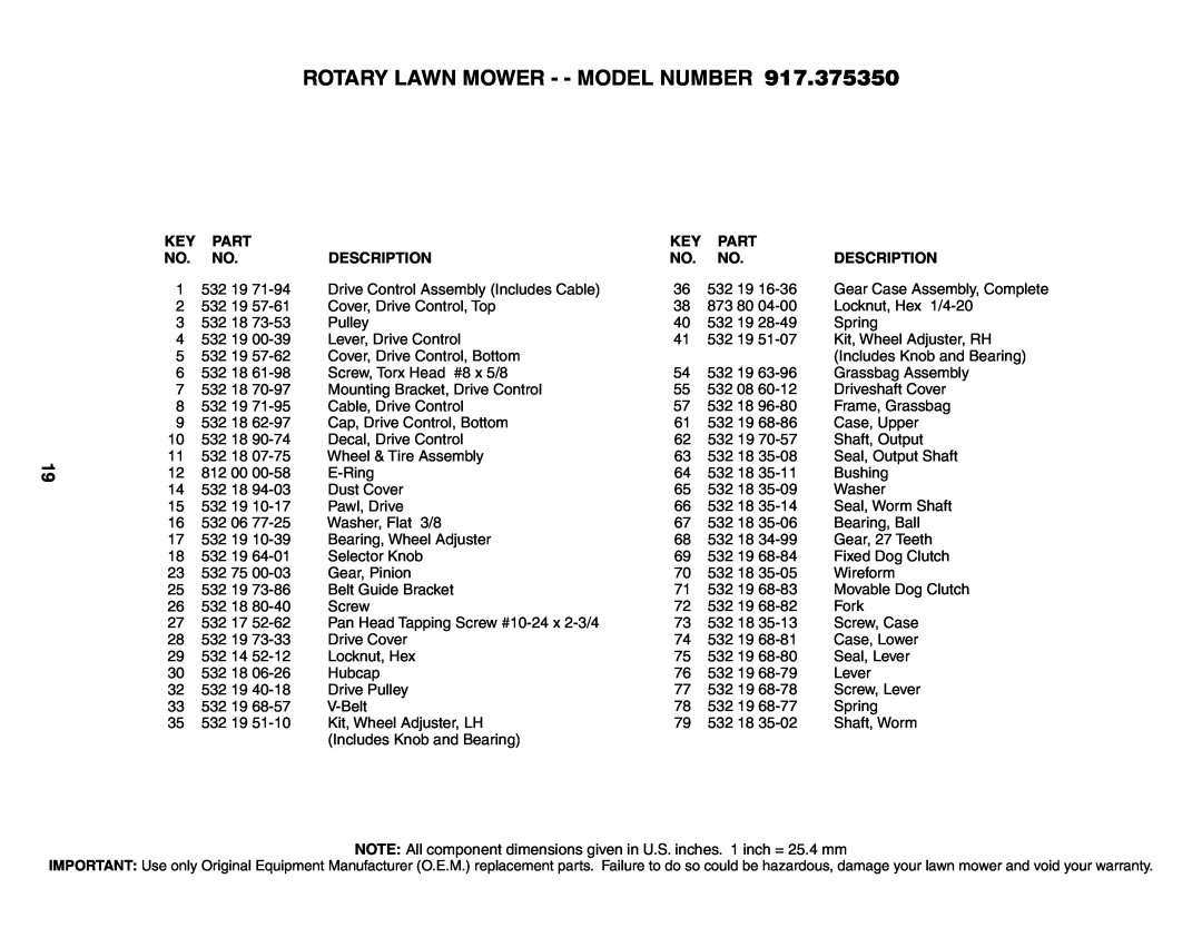 Husqvarna 917.37535 owner manual Rotary Lawn Mower - - Model Number, Part, Description 