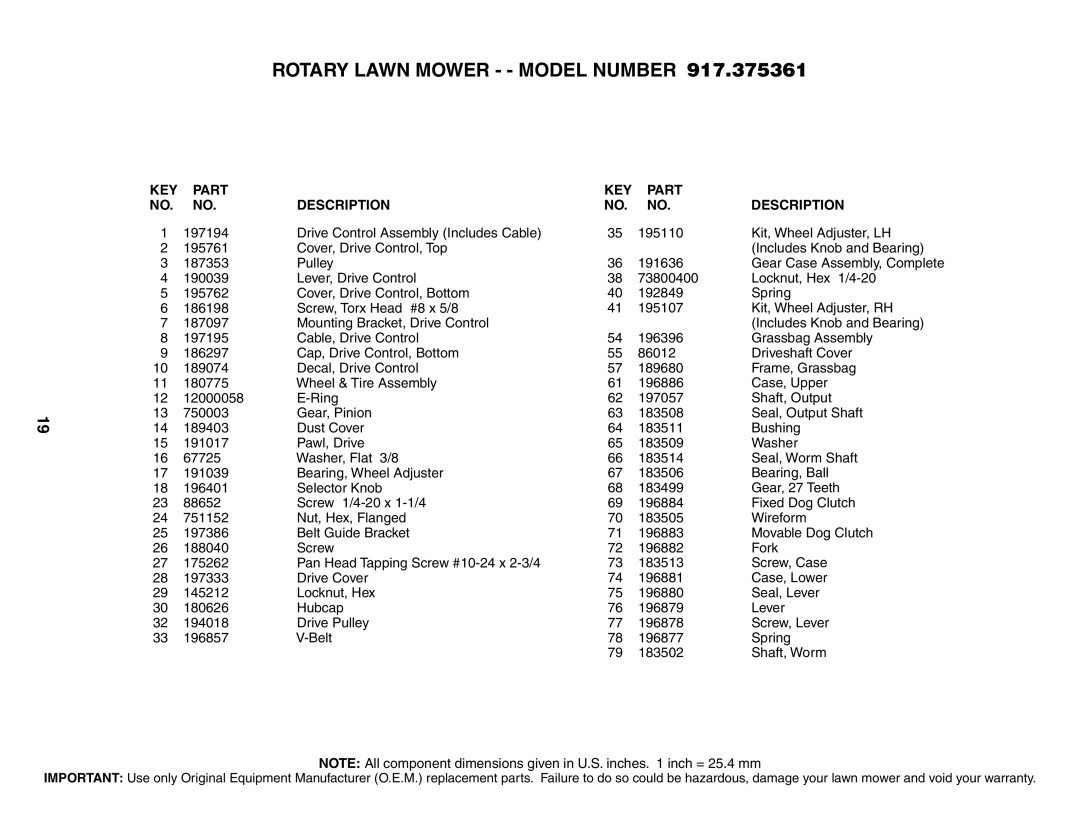 Husqvarna 917.375361 owner manual Rotary Lawn Mower - Model Number 