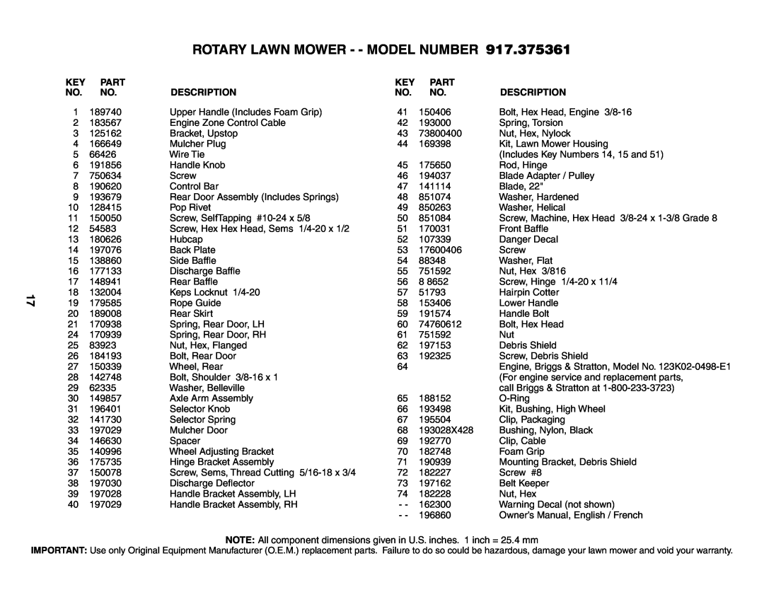 Husqvarna 917.375361 owner manual Part, Description, Rotary Lawn Mower - - Model Number 