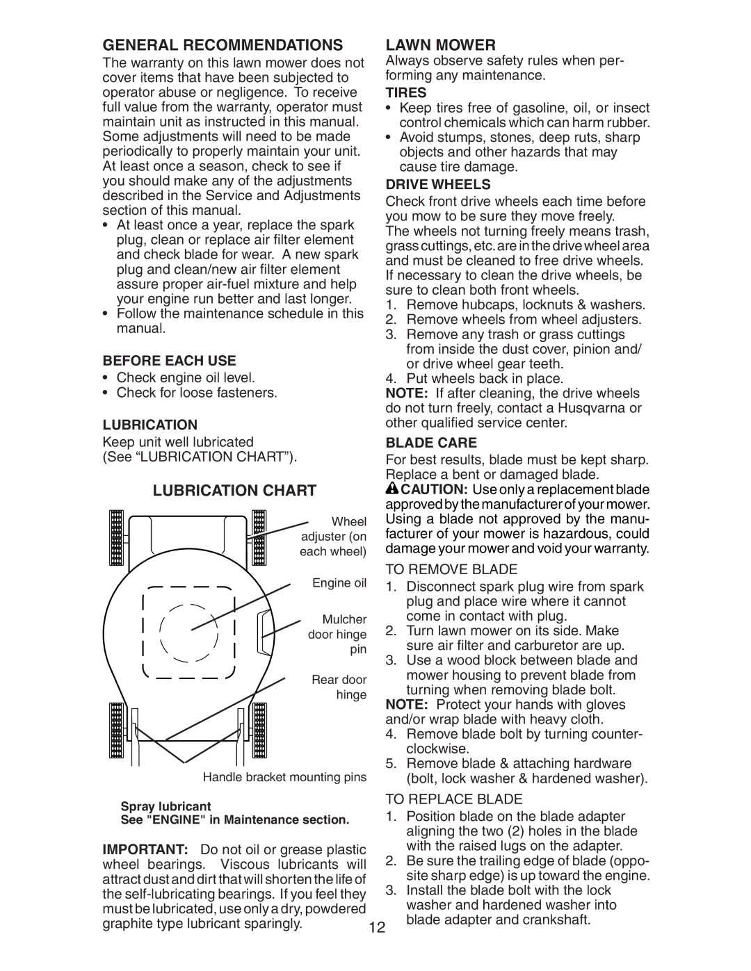 Husqvarna 917.37581 owner manual General Recommendations, Lubrication Chart 