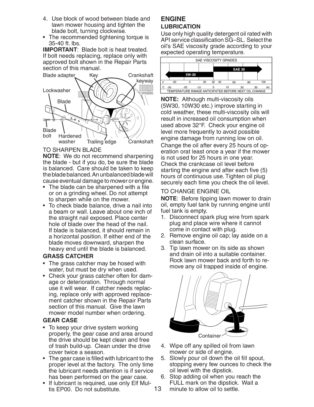 Husqvarna 917.37581 owner manual To Sharpen Blade, Gear Case, To Change Engine OIL 