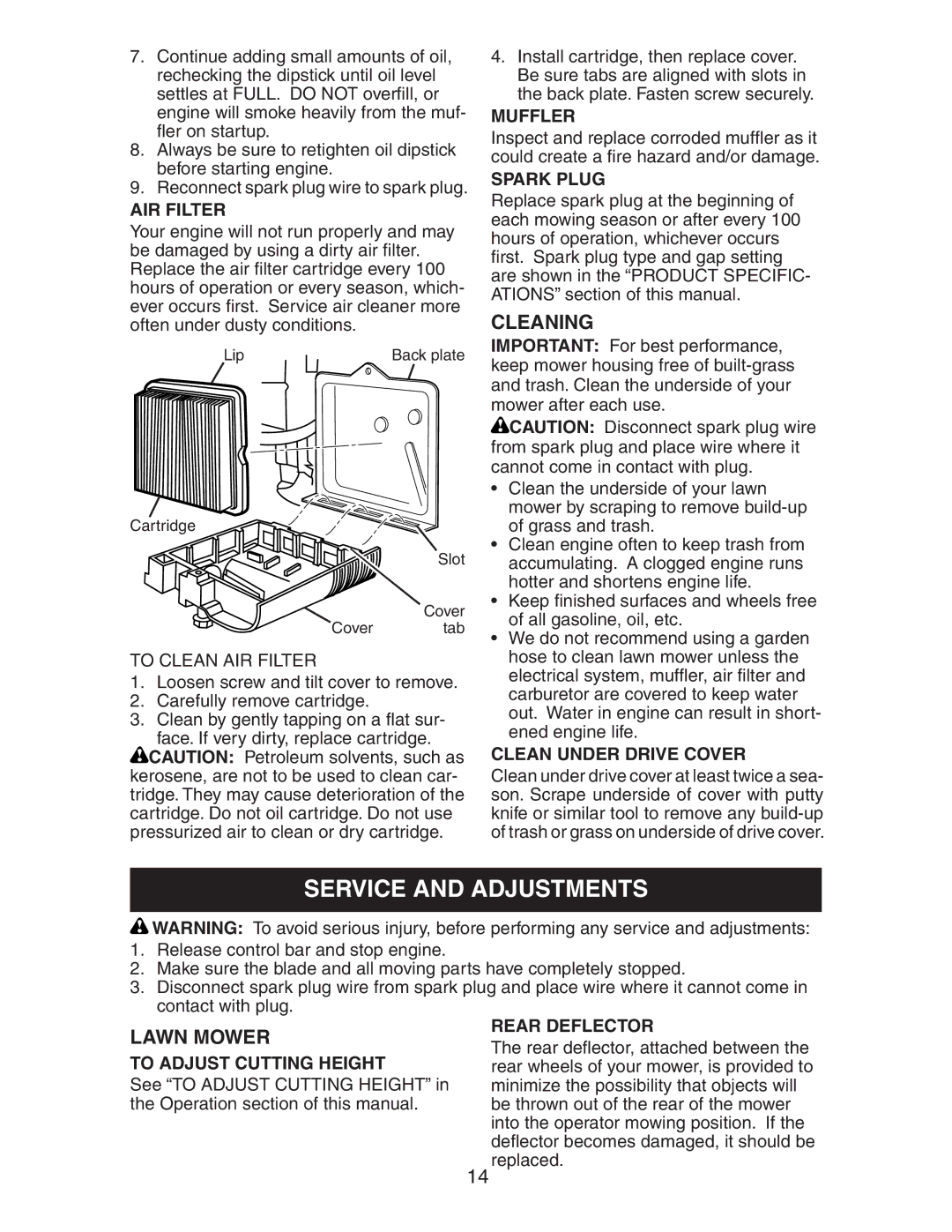 Husqvarna 917.37581 owner manual Service and Adjustments, Cleaning, Lawn Mower 