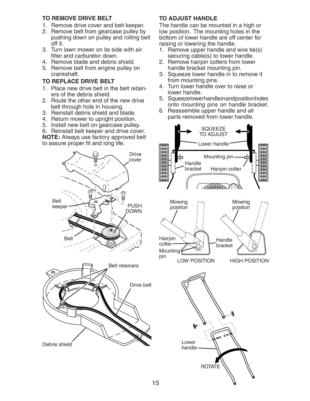 Husqvarna 917.37581 owner manual To Remove Drive Belt, To Replace Drive Belt, To Adjust Handle 