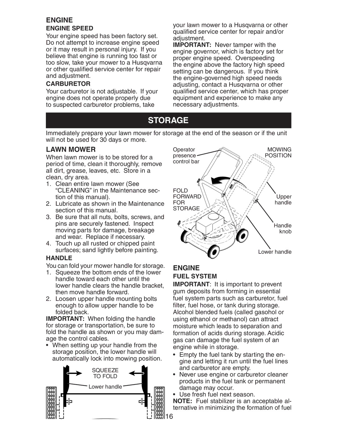 Husqvarna 917.37581 owner manual Storage, Carburetor, Handle, Fuel System 