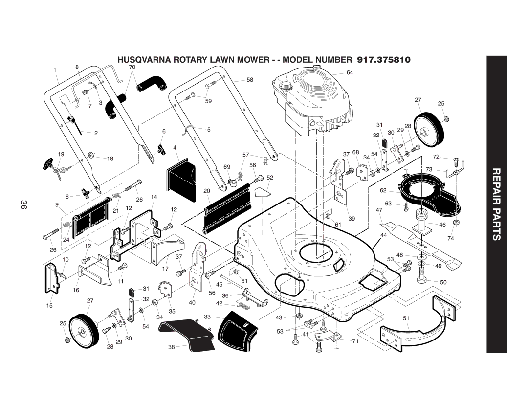 Husqvarna 917.37581 owner manual Repair Parts, Husqvarna Rotary Lawn Mower - Model Number 