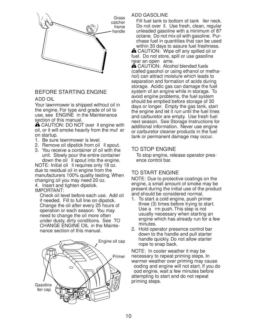 Husqvarna 917.37583 owner manual Before Starting Engine, To Stop Engine, To Start Engine, Add Oil, ADD Gasoline 