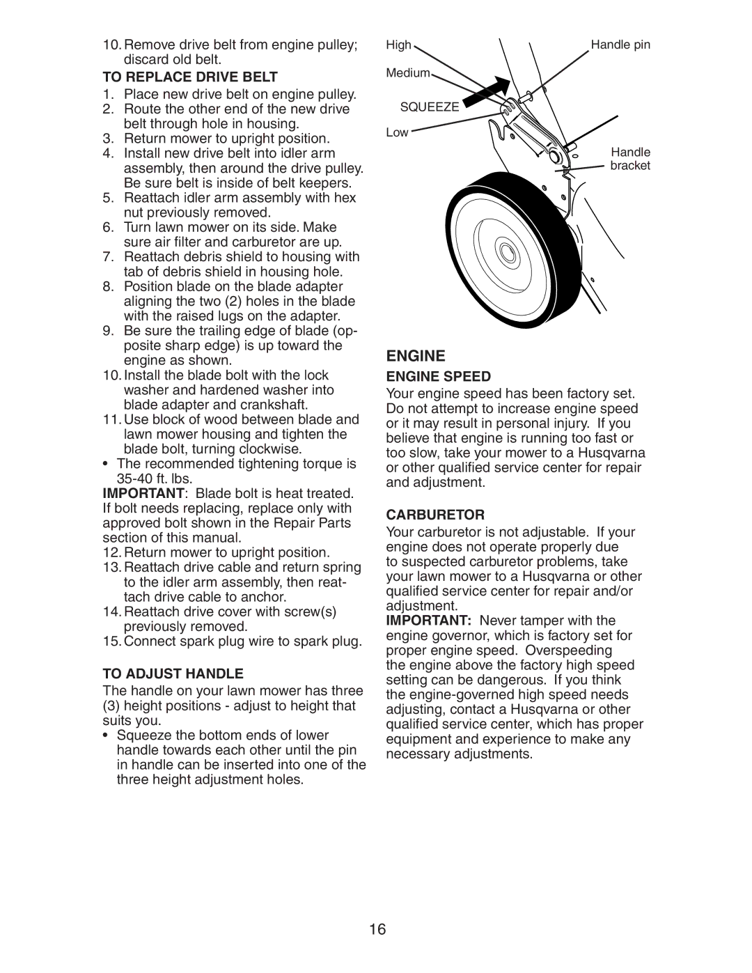 Husqvarna 917.37583 owner manual To Replace Drive Belt, To Adjust Handle, Carburetor 