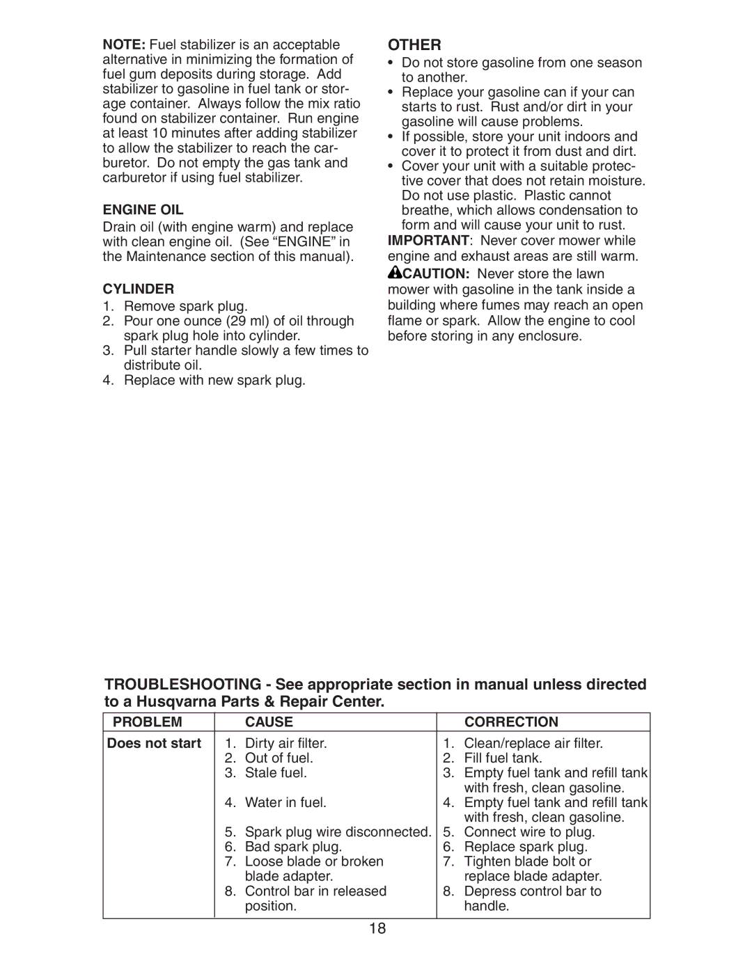 Husqvarna 917.37583 owner manual Other, Engine OIL, Cylinder, Problem Cause Correction 