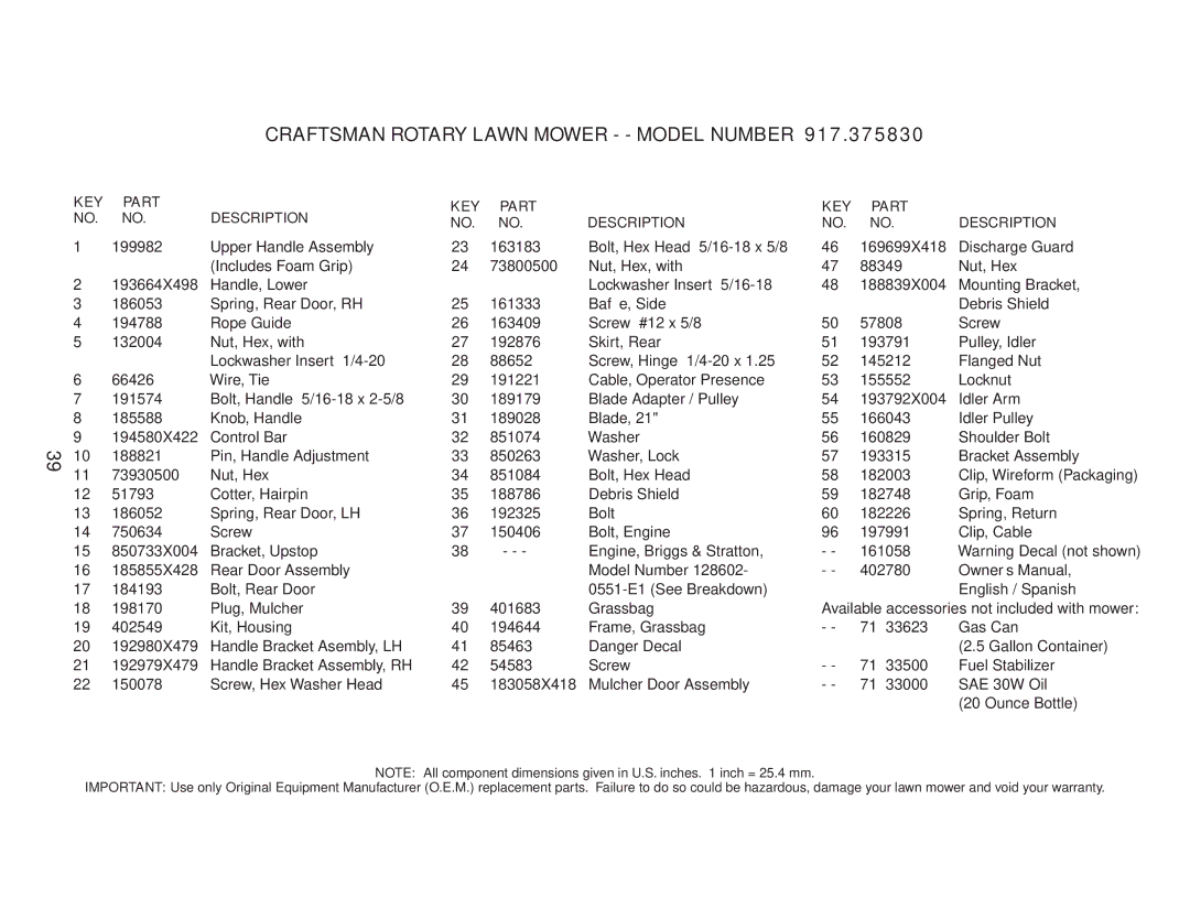 Husqvarna 917.37583 owner manual KEY Part Description 