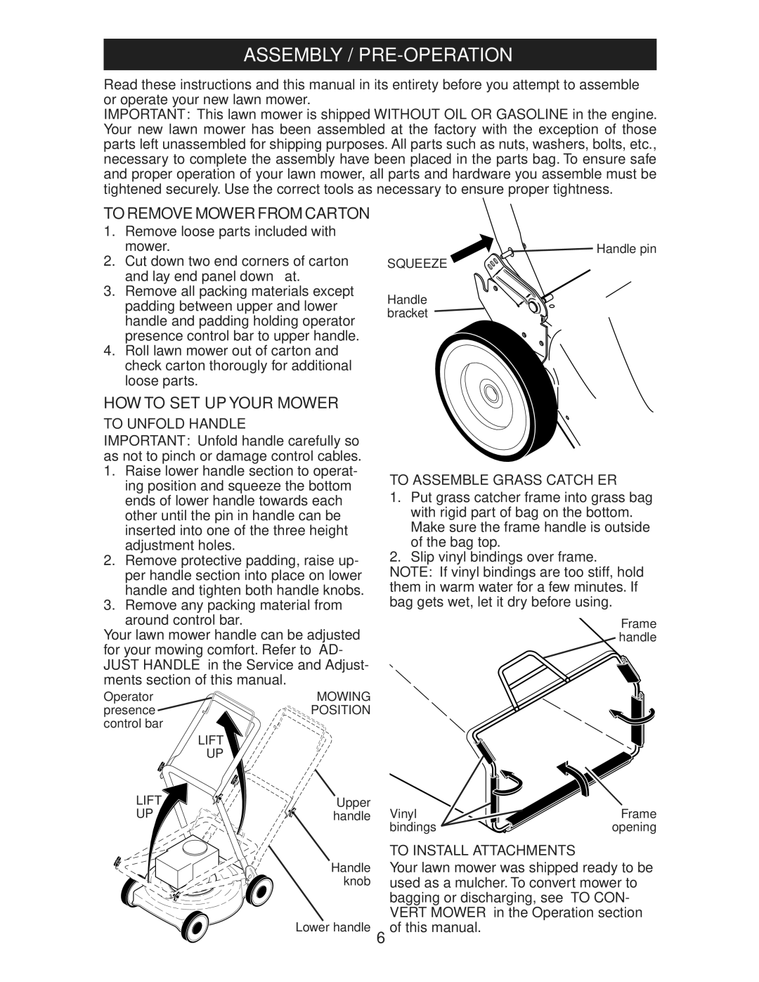 Husqvarna 917.37583 owner manual Assembly / PRE-OPERATION, To Remove Mower from Carton, HOW to SET UP Your Mower 