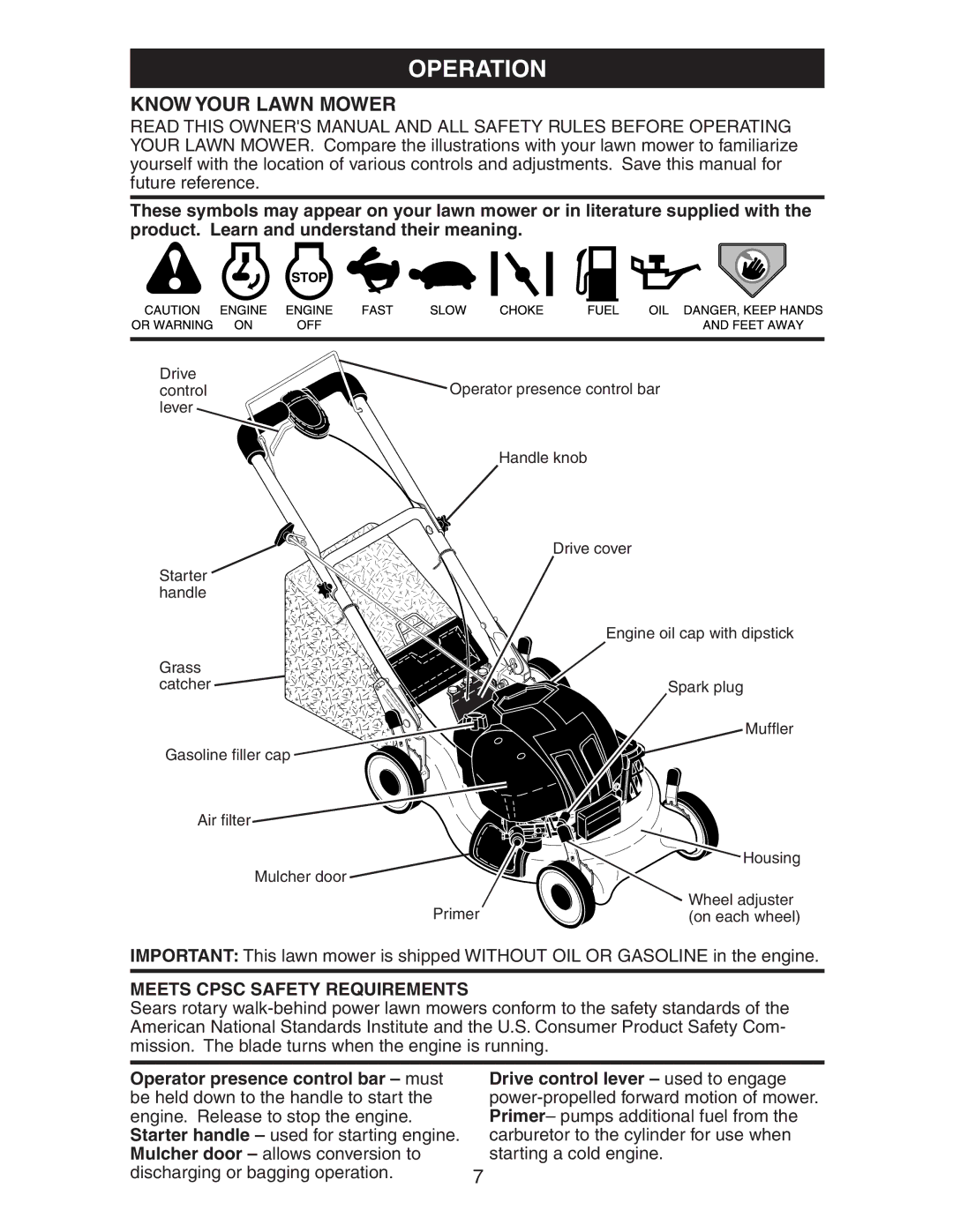 Husqvarna 917.37583 owner manual Operation, Know Your Lawn Mower, Meets Cpsc Safety Requirements 