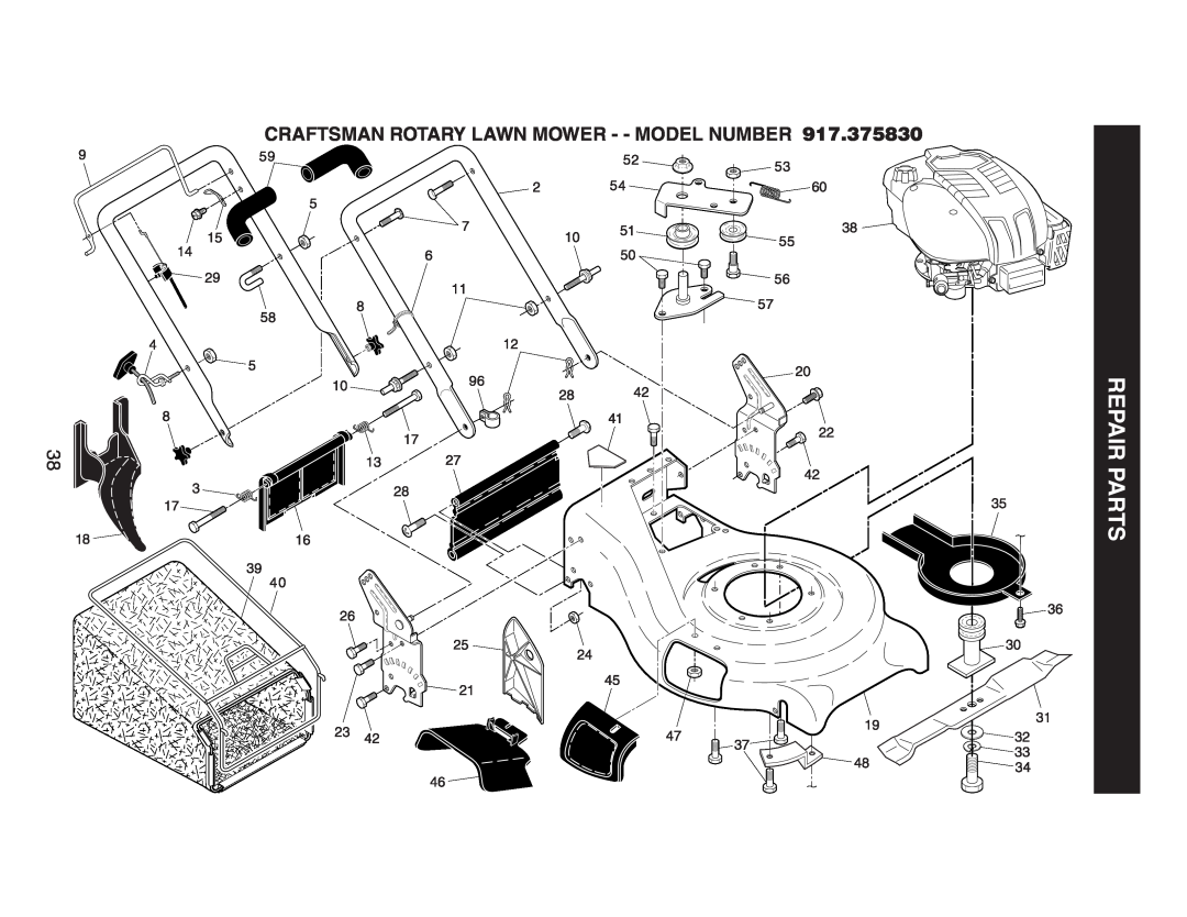 Husqvarna 917.37583 owner manual Repair Parts, Craftsman Rotary Lawn Mower - - Model Number 