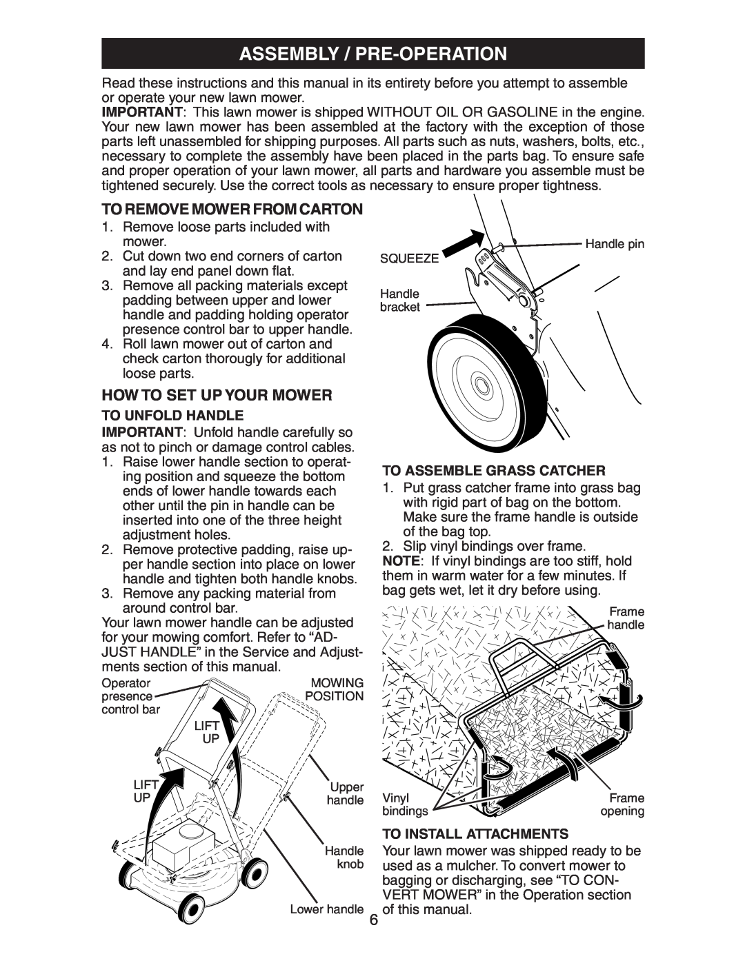 Husqvarna 917.37583 owner manual Assembly / Pre-Operation, To Remove Mower From Carton, How To Set Up Your Mower 