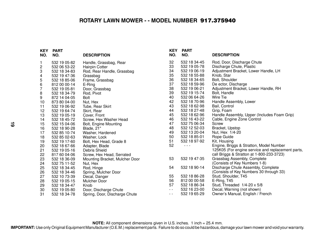 Husqvarna 917.37594 owner manual KEY Part Description 