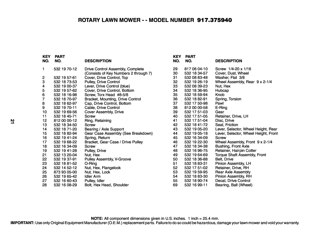Husqvarna 917.37594 owner manual Rotary Lawn Mower - - Model Number 